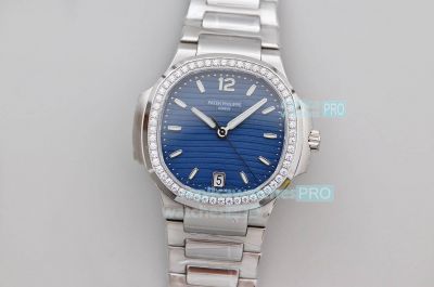 MS Factory Replica Patek Philippe Swiss Nautilus Diamond Bezel Blue Dial Ladies 35.2mm